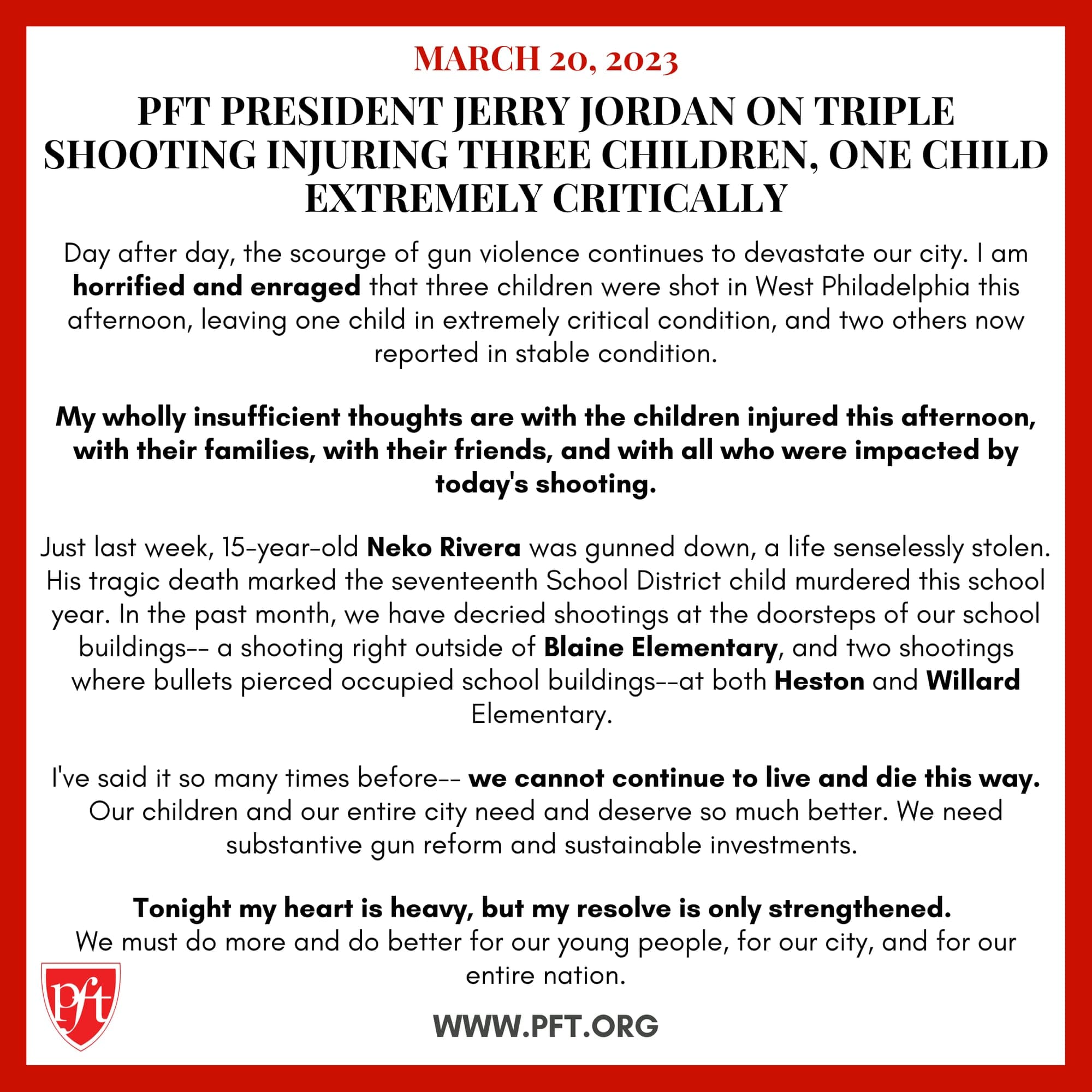 PFT PRESIDENT JERRY JORDAN ON TRIPLE SHOOTING INJURING THREE CHILDREN, ONE CHILD EXTREMELY CRITICALLY