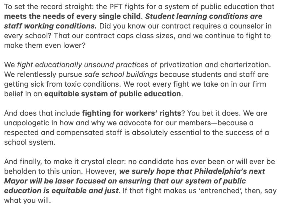 PFT RESPONDS TO INQUIRER EDITORIAL