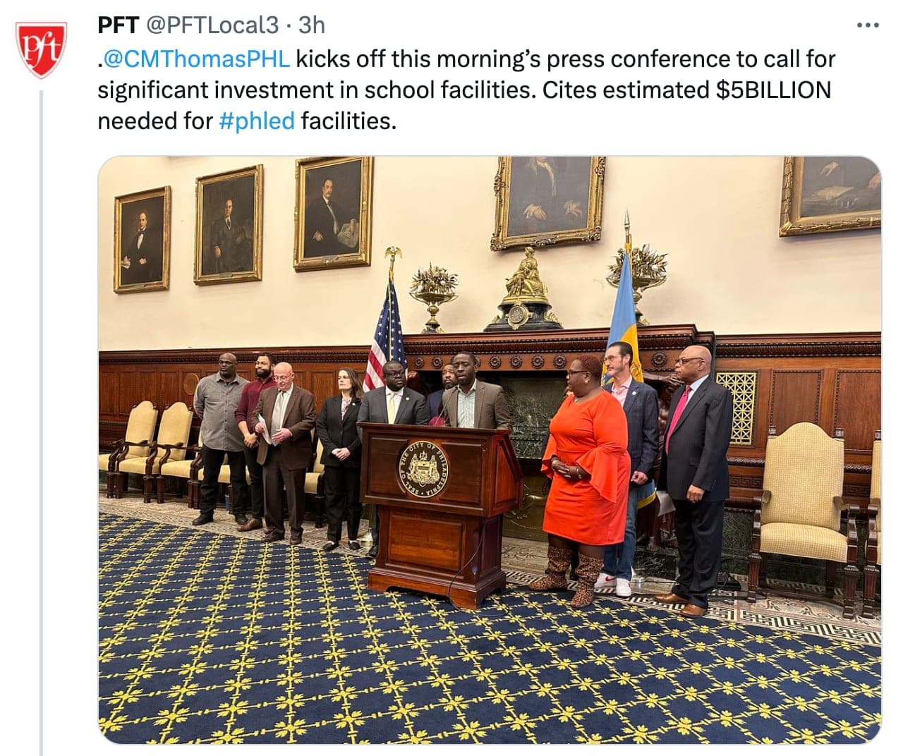 PFT JOINS COUNCILMEMBER THOMAS, COALITION TO CALL FOR FACILITIES PLAN AND INVESTMENT