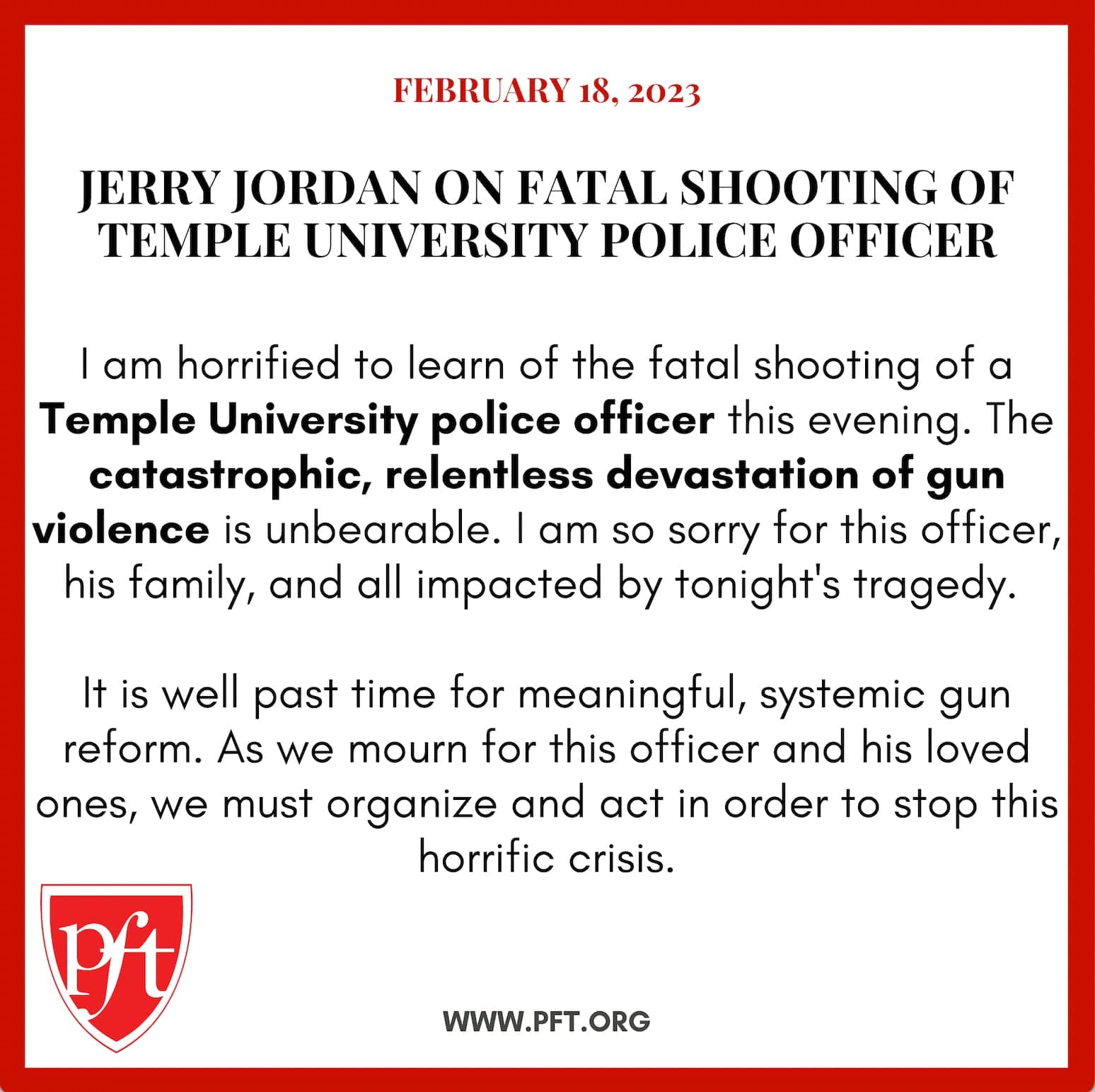 PFT PRESIDENT JERRY JORDAN ON FATAL SHOOTING OF TEMPLE UNIVERSITY POLICE OFFICER