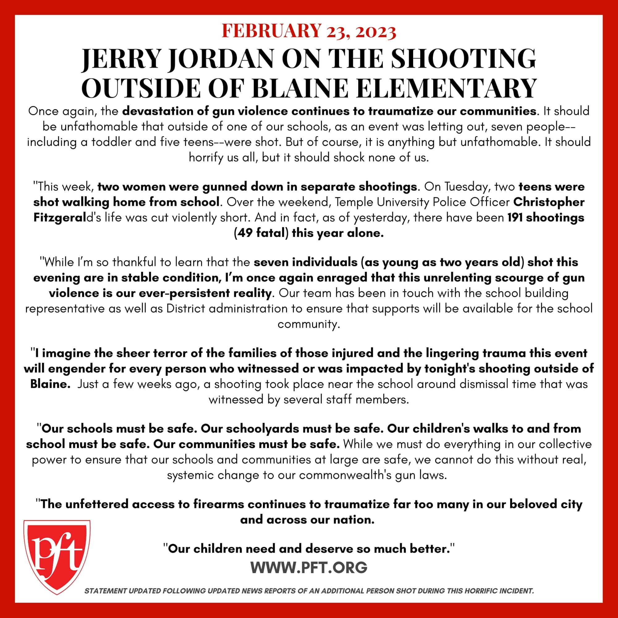 PFT PRESIDENT JERRY JORDAN ON THE SHOOTING OUTSIDE OF BLAINE ELEMENTARY