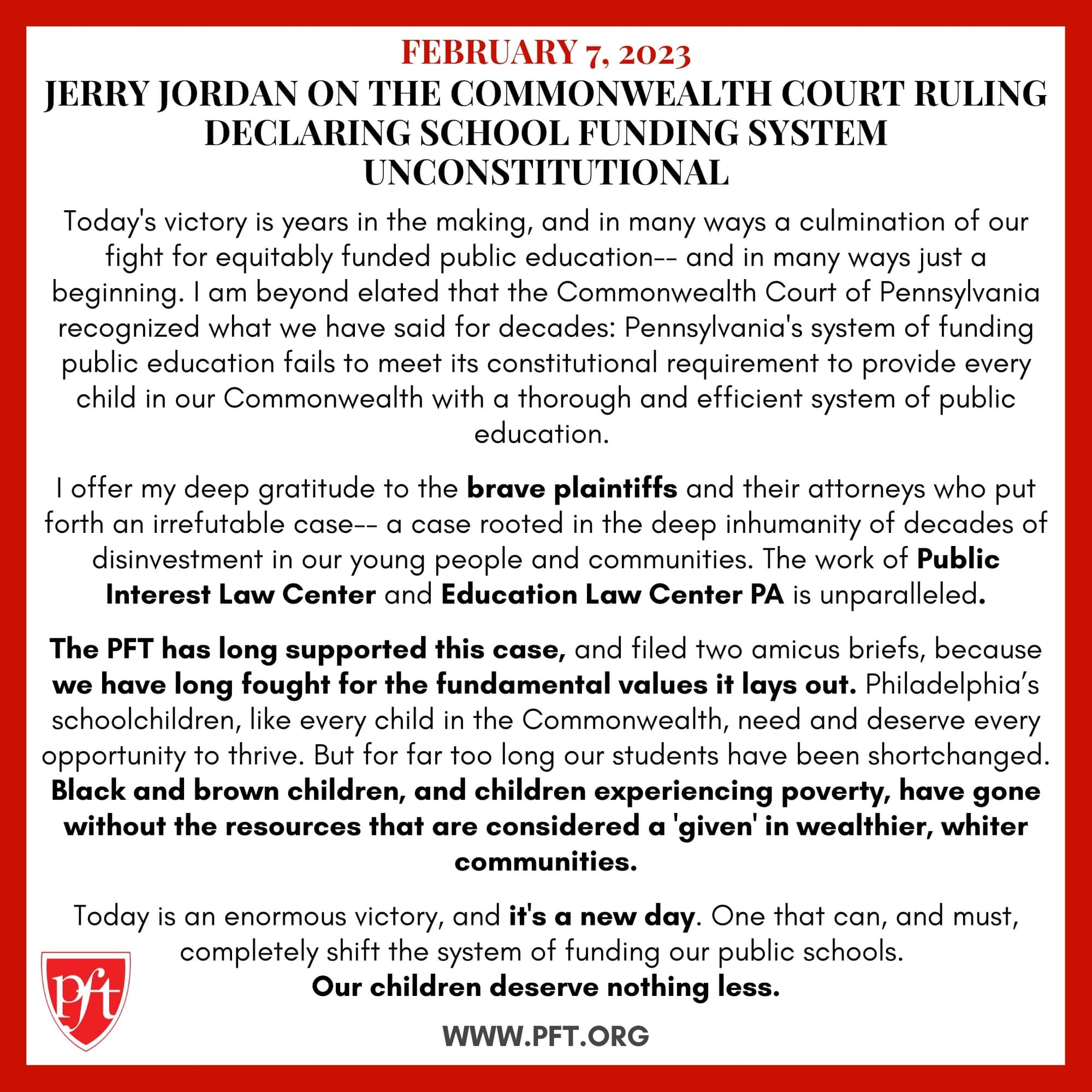 PFT PRESIDENT JERRY JORDAN ON THE COMMONWEALTH COURT RULING DECLARING SCHOOL FUNDING UNCONSTITUTIONAL