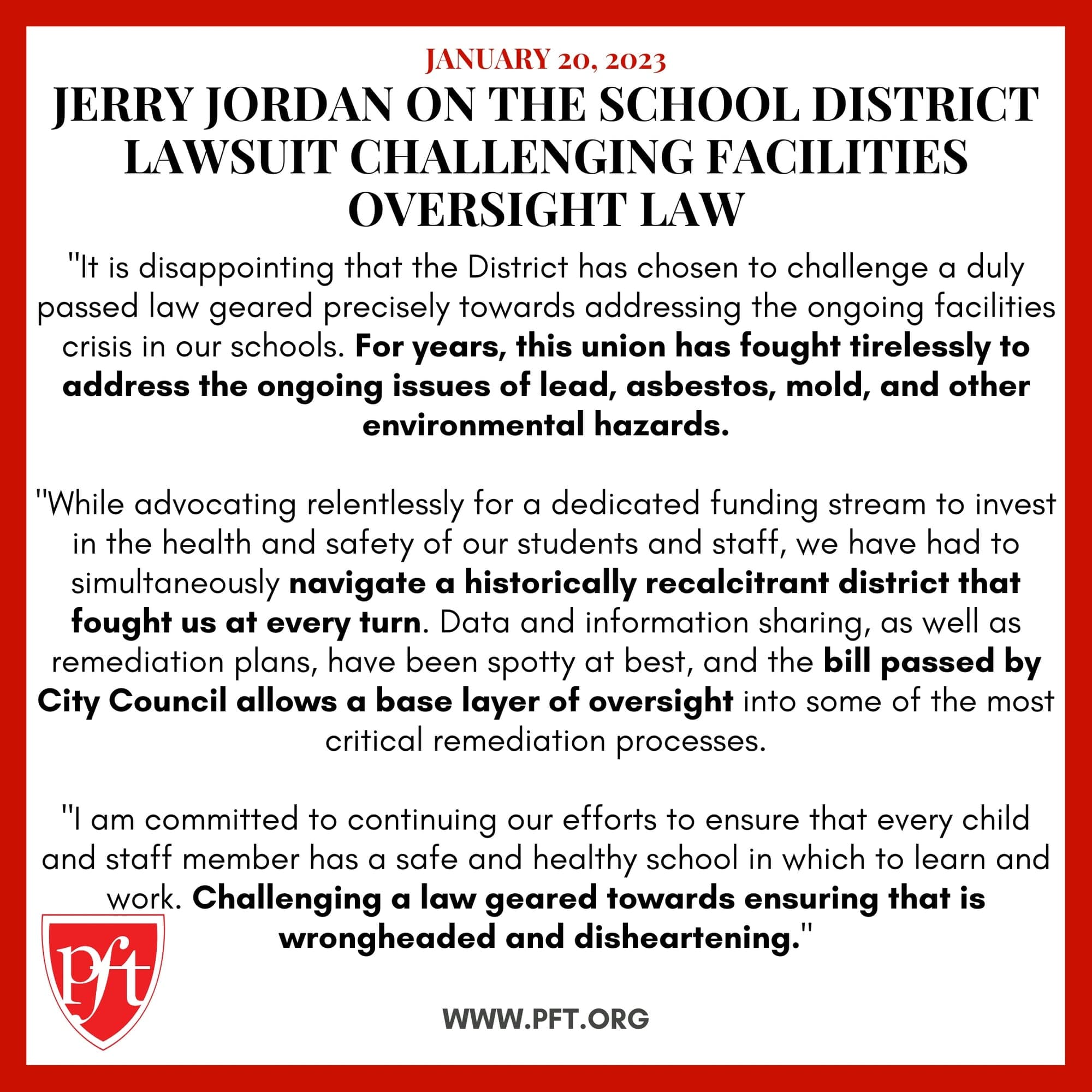 PFT PRESIDENT JERRY JORDAN ON THE SCHOOL DISTRICT LAWSUIT CHALLENGING FACILITIES OVERSIGHT LAW