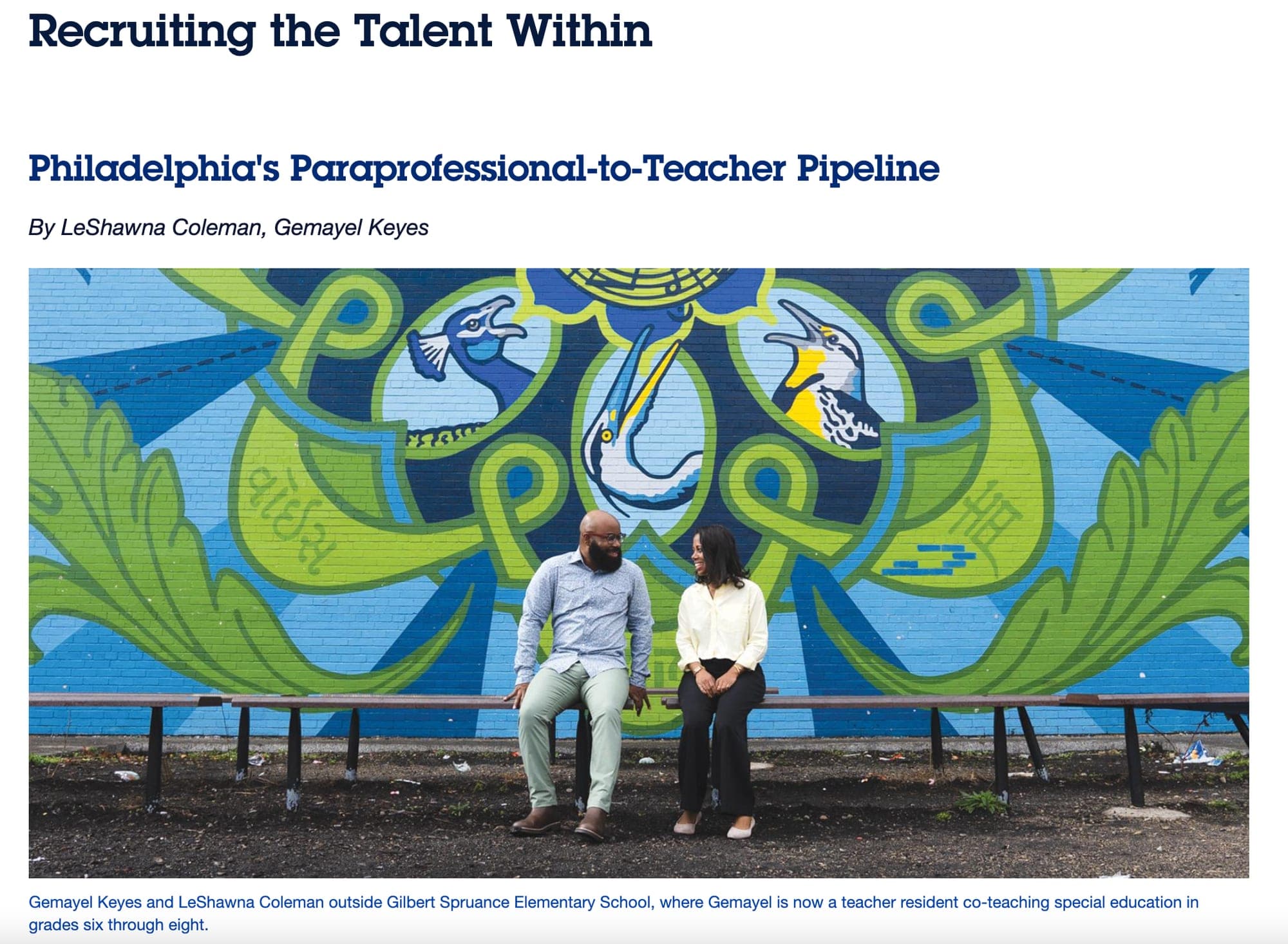 LeShawna Coleman and Gemayel Keyes featured in American Educator: Philadelphia's Paraprofessional-to-Teacher Pipeline