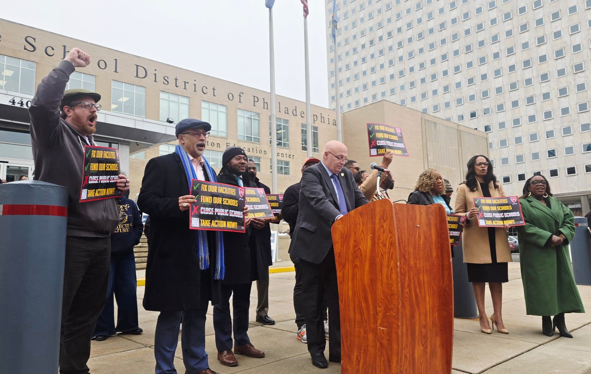 Feb. 26, 2026: PFT President Arthur G. Steinberg speaks at a rally led by all five School District of Philadelphia labor unions calling on the District to keep schools targeted for closure open by inv