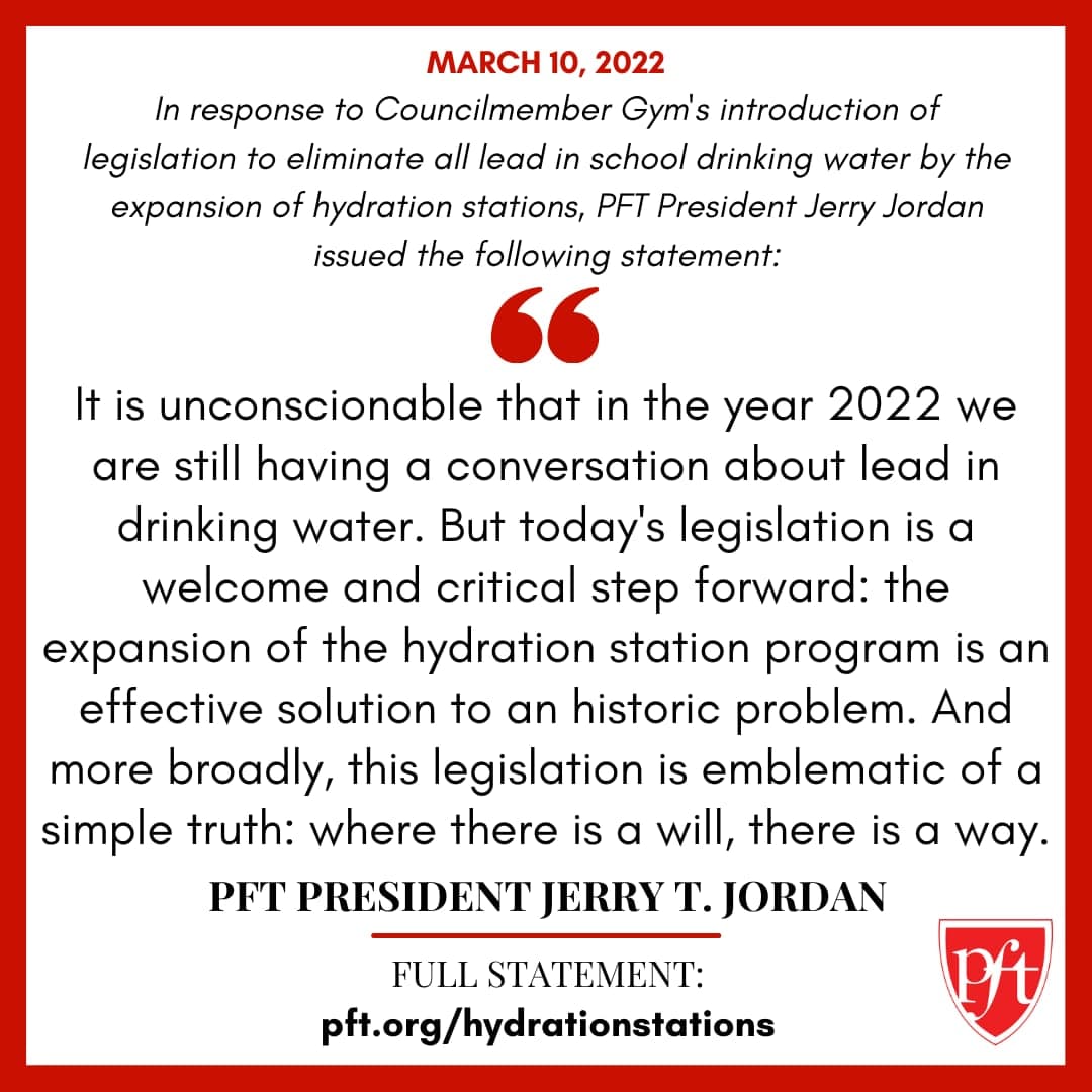 PFT President Jerry Jordan on Councilmember Gym's Introduction of Hydration Station Legislation