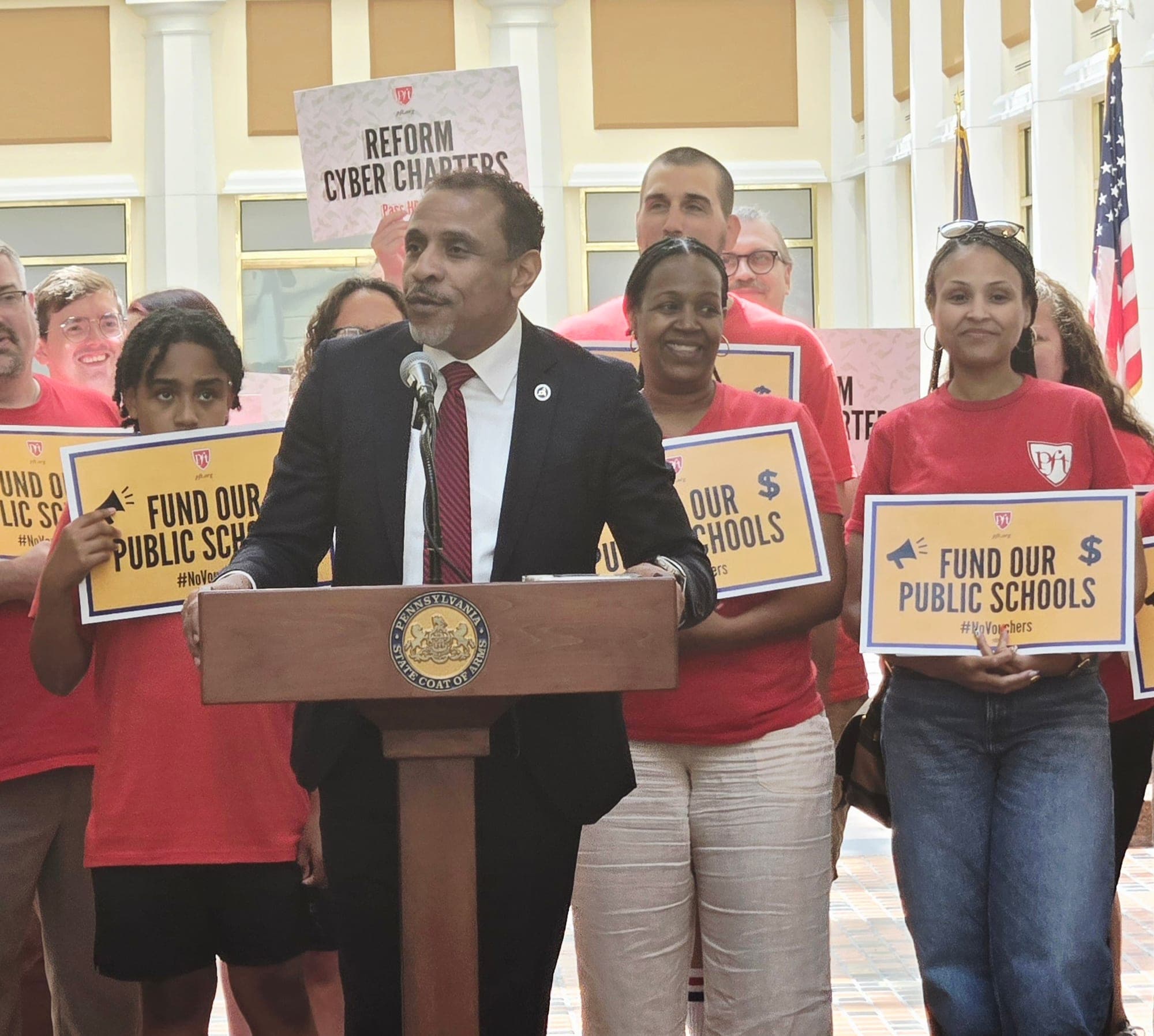 Superintendent Watlington speaks at a PFT rally in the state Capitol for public school funding and charter reform.
