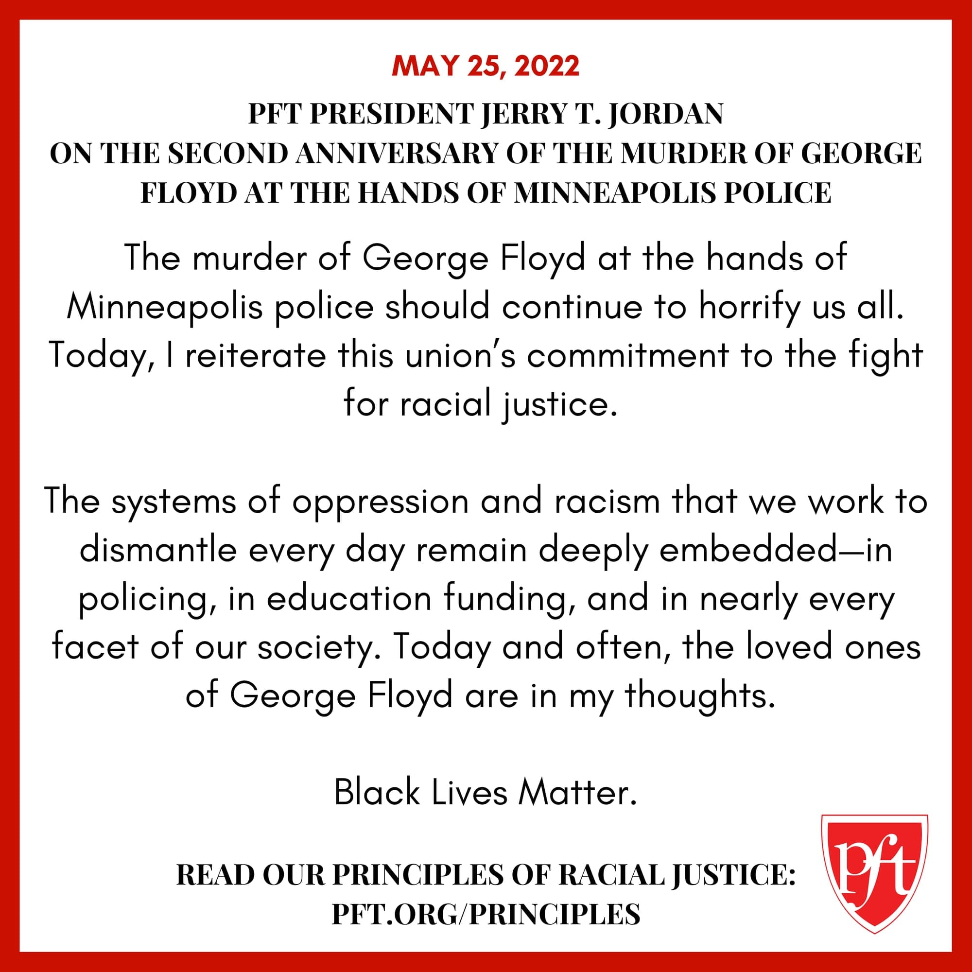 PFT President Jerry Jordan on the Second Anniversary of the Murder of George Floyd at the Hands of Minneapolis Police