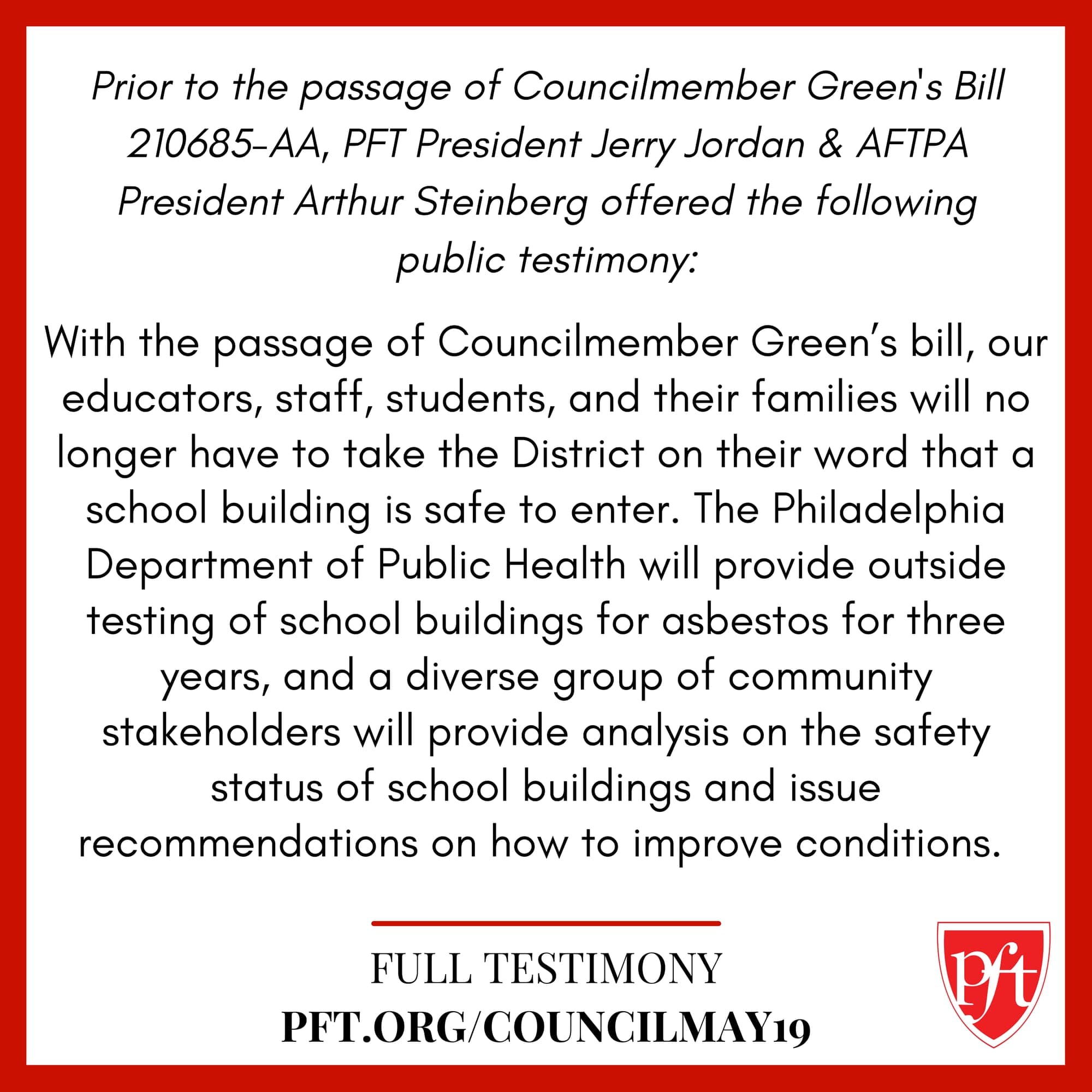Philadelphia City Council Public Comment on Bill No. 210685-AA by AFTPA & PFT