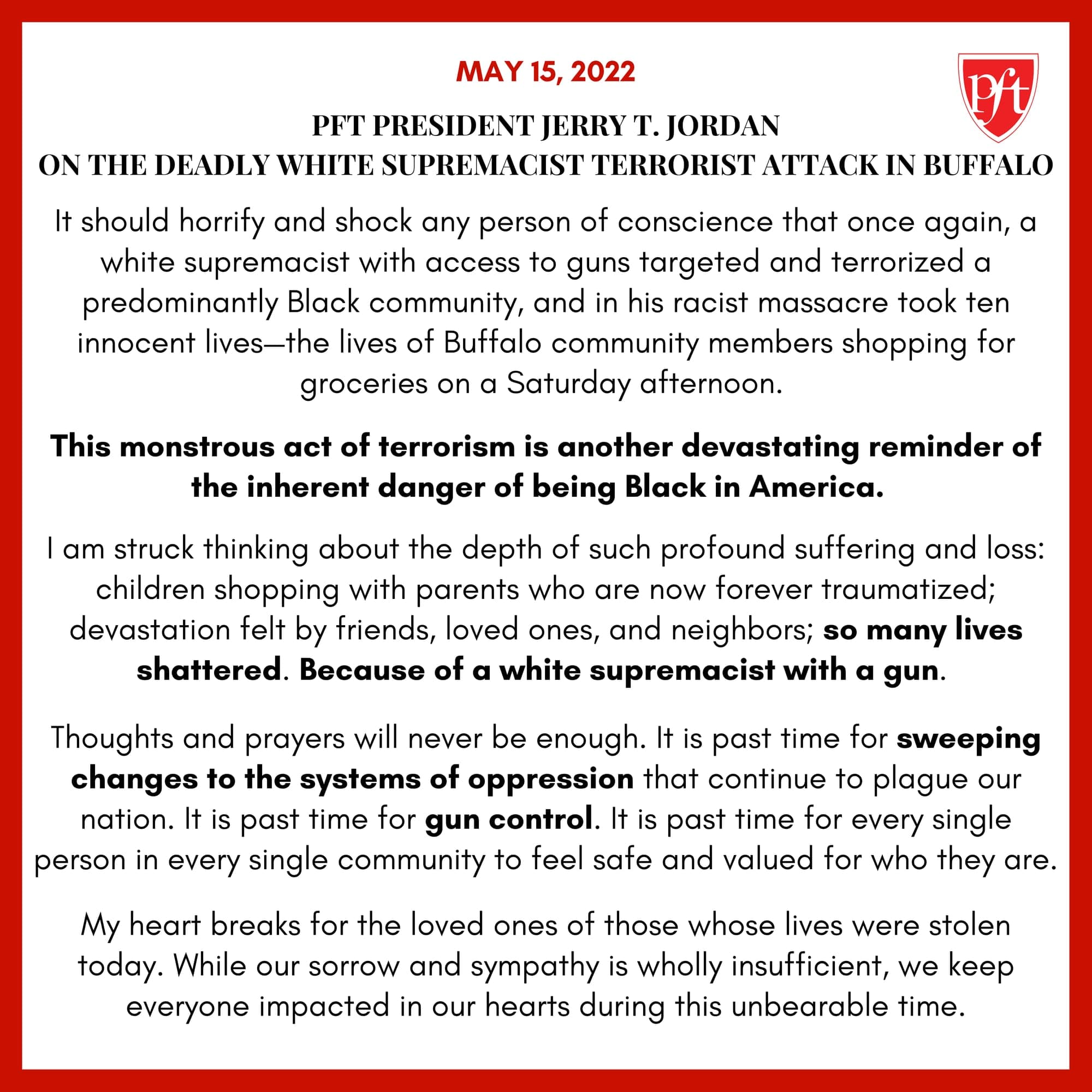 PFT President Jerry Jordan on the Deadly White Supremacist Terrorist Attack in Buffalo