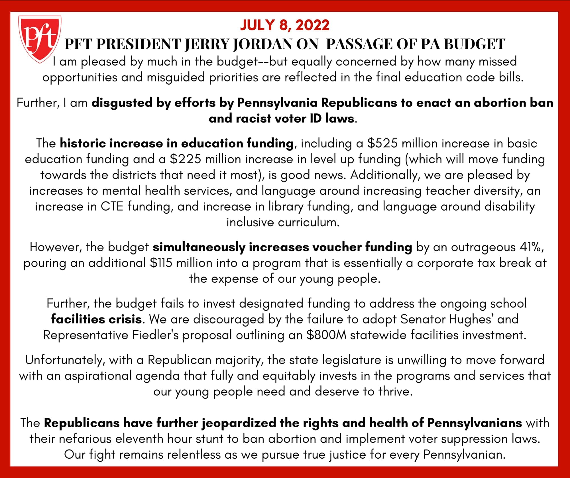 PFT President Jerry Jordan on Passage of PA Budget