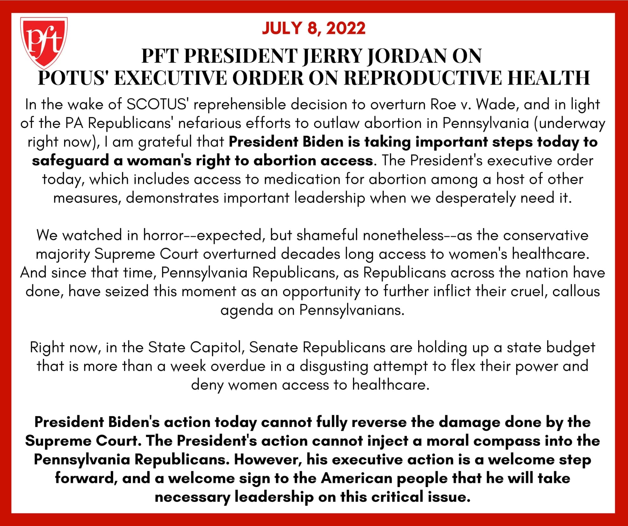 PFT President Jerry Jordan on President Biden's Executive Order on Reproductive Health