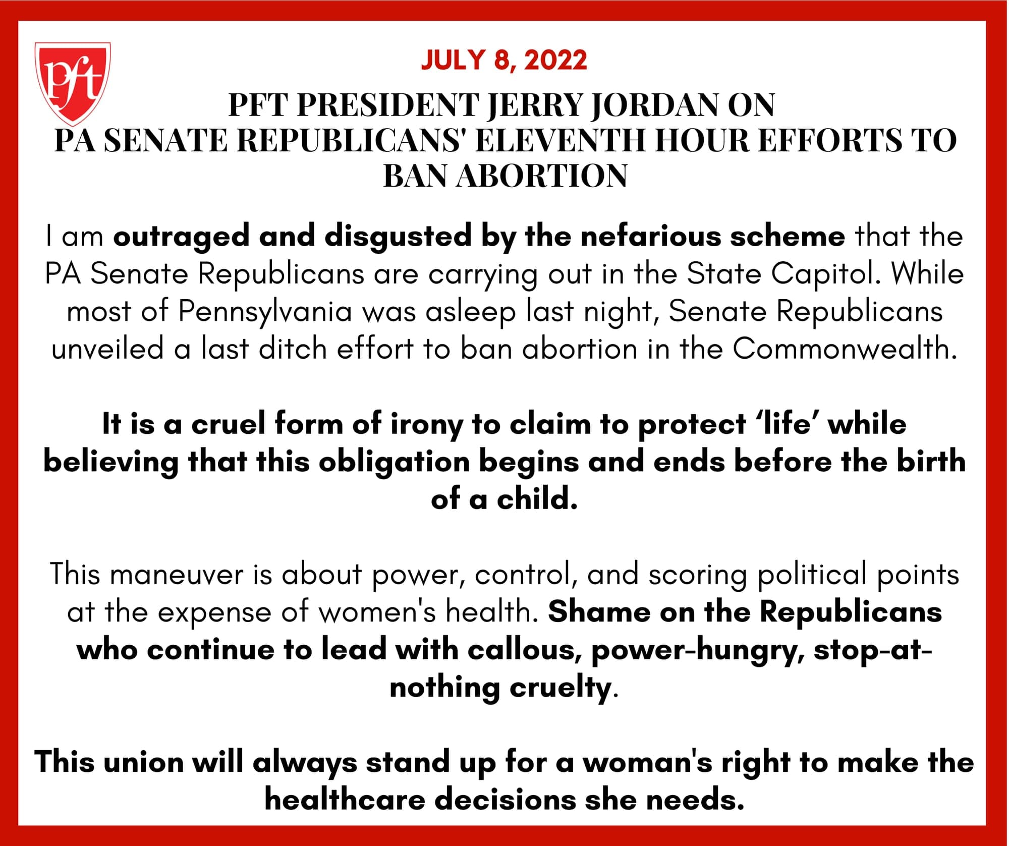 PFT President Jerry Jordan on PA Senate Republicans' Eleventh Hour Efforts to Ban Abortion