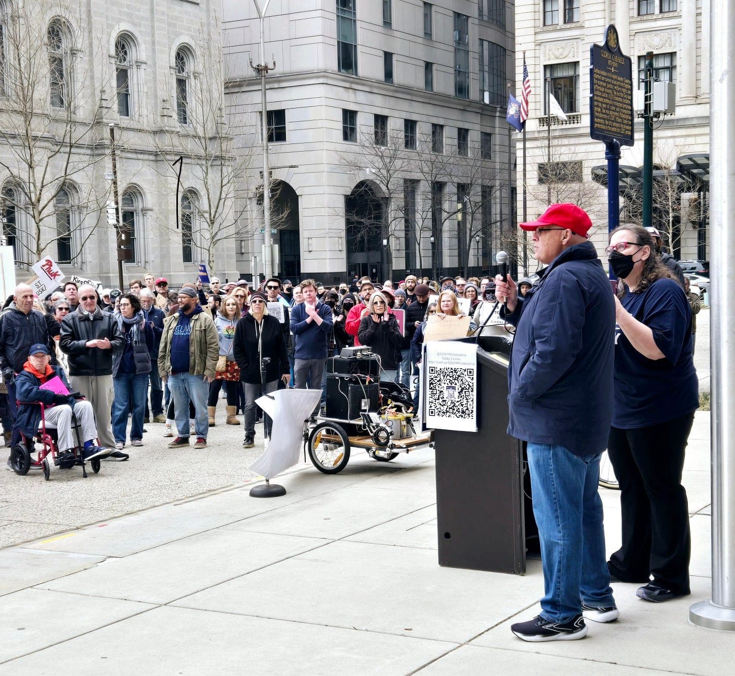 PFT President Arthur Steinberg speaks at a rally protesting the Trump administration's attack on public education.