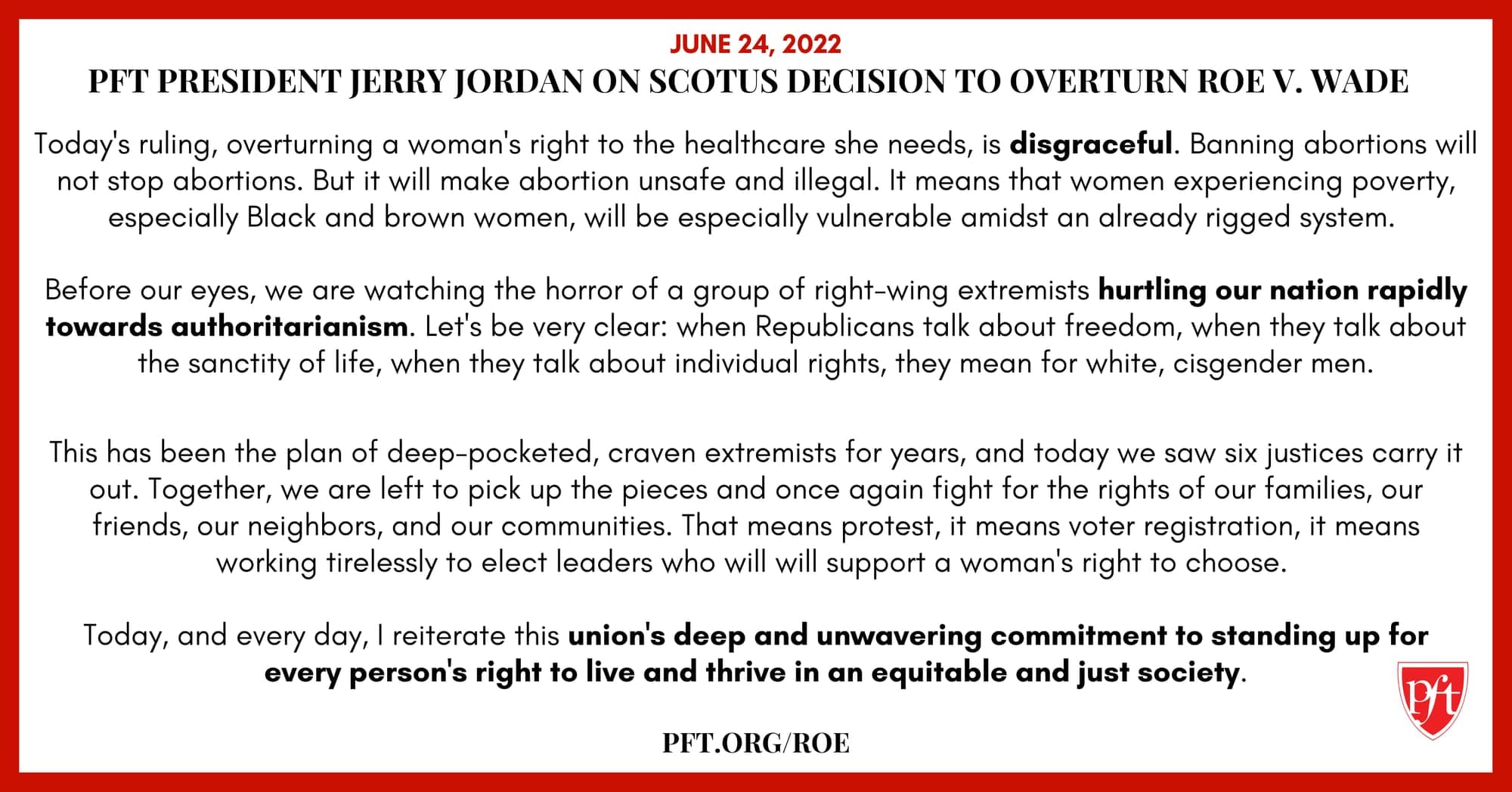 PFT President Jerry Jordan on SCOTUS Decision to Overturn Roe v. Wade
