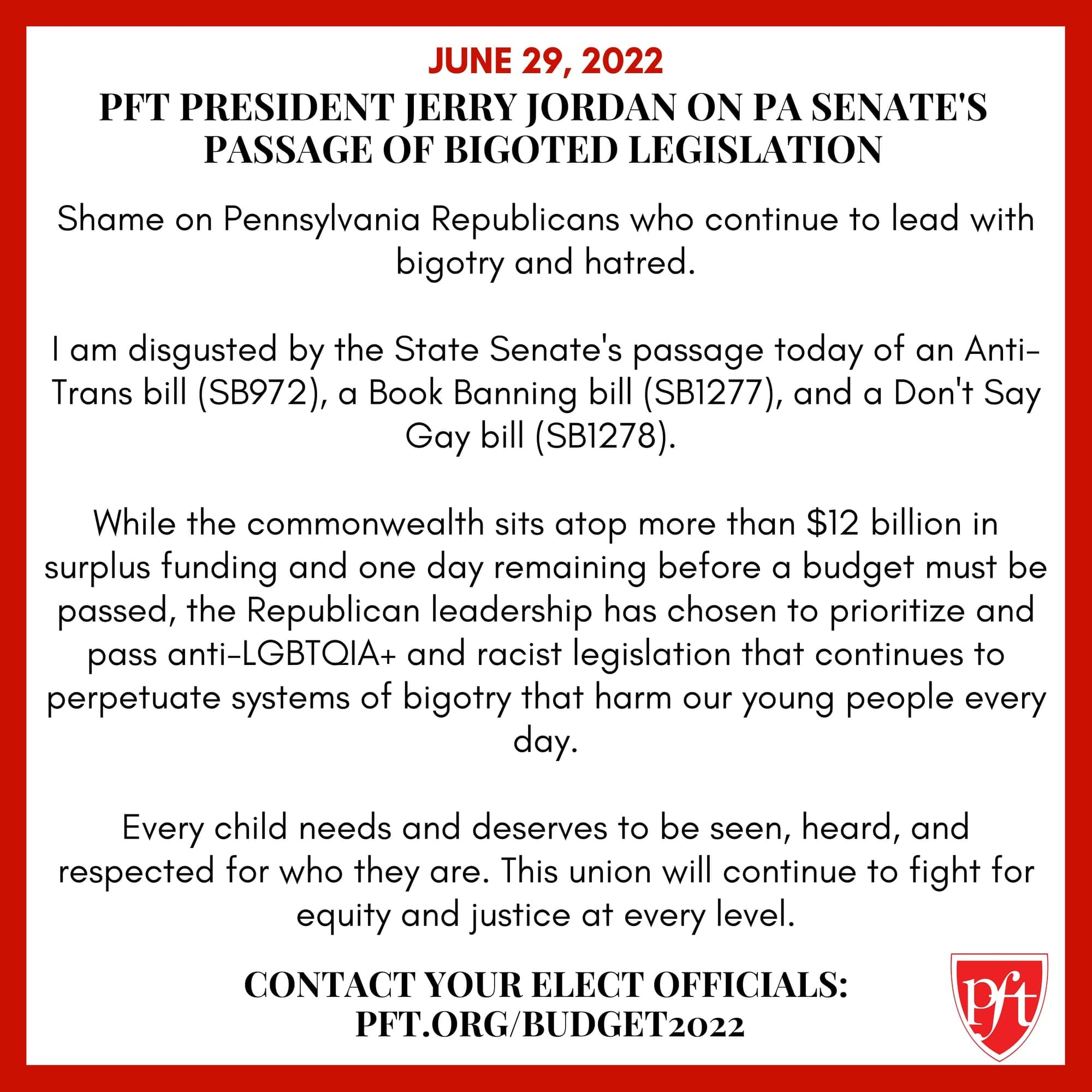 PFT President Jerry Jordan on PA Senate's Passage of Bigoted Legislation