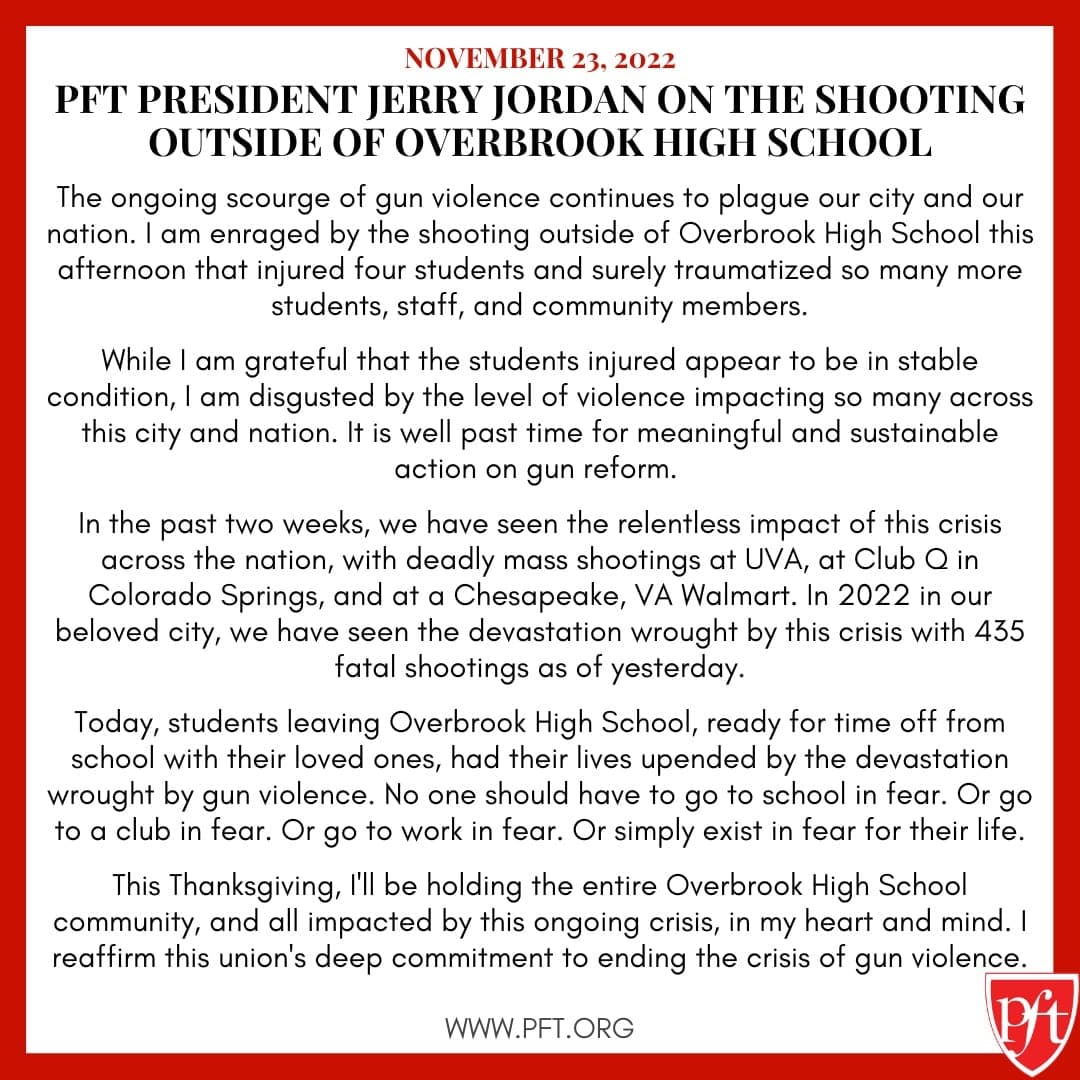 PFT PRESIDENT JERRY JORDAN ON SHOOTING OUTSIDE OF OVERBROOK HIGH SCHOOL