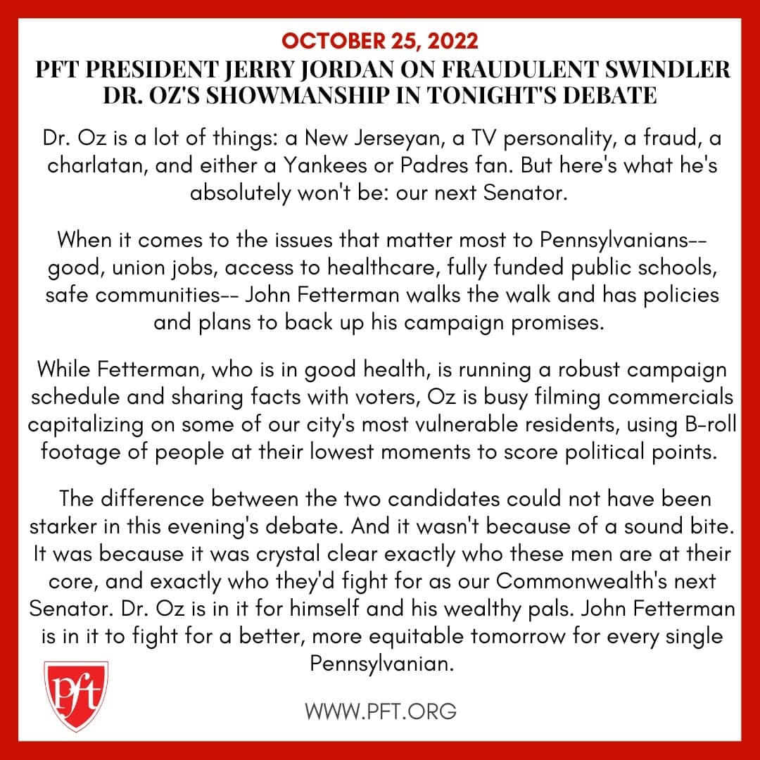 PFT President Jerry Jordan on Fraudulent Swindler Dr. Oz's Showmanship in Tonight's Debate
