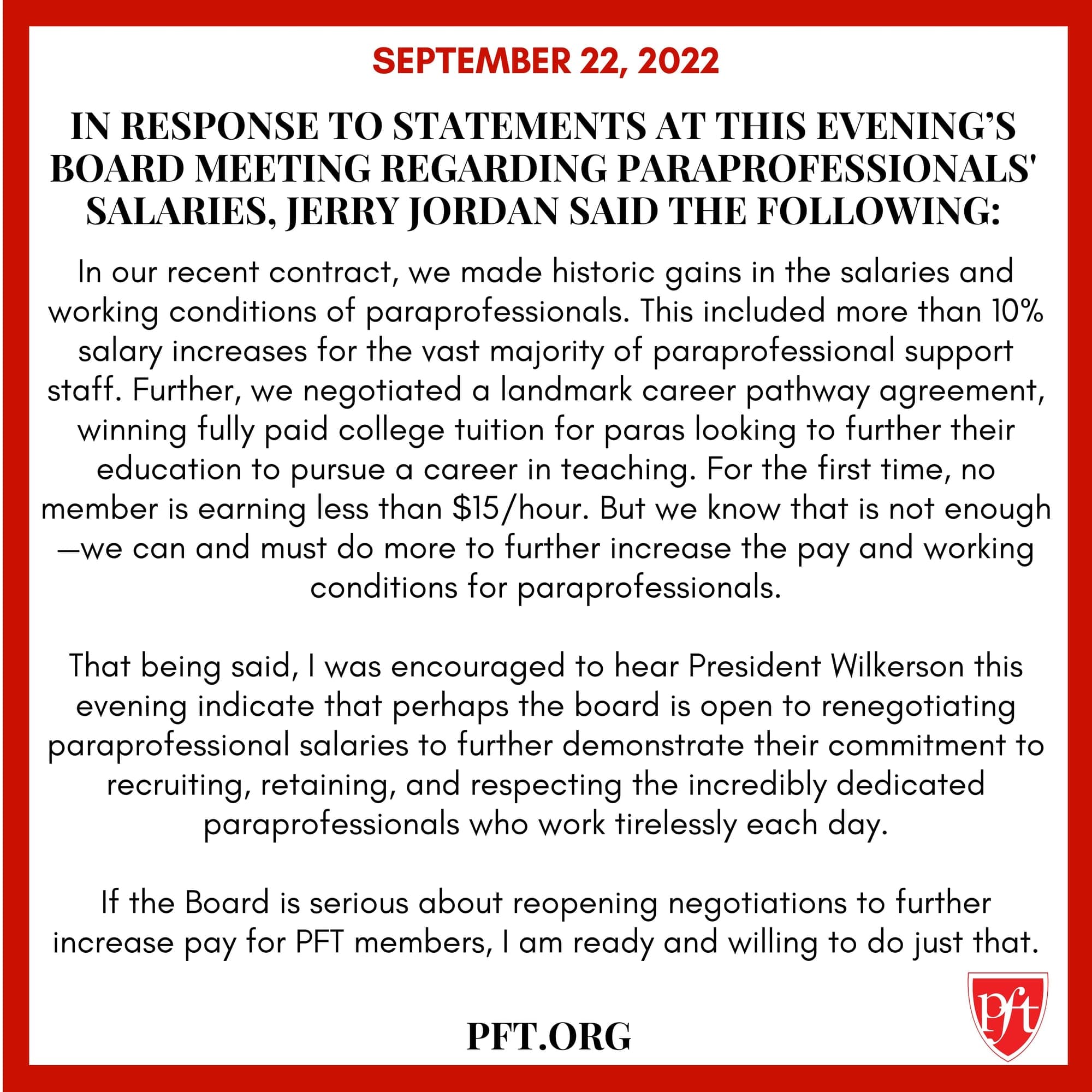 Jerry Jordan Responds to Statements About Paraprofessionals' Pay at September 22 School Board Meeting