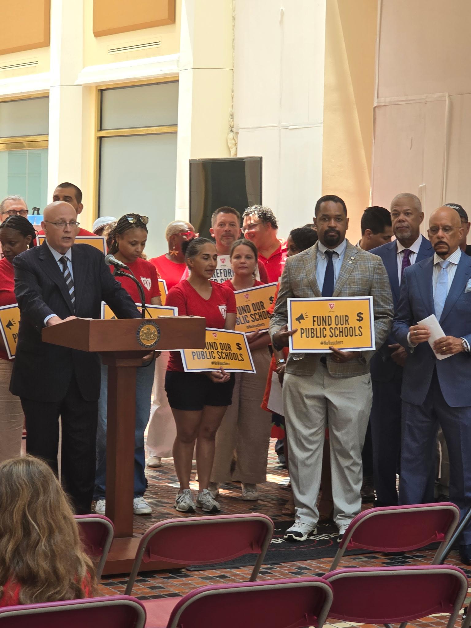 PFT President Arthur Steinberg speaks at a rally for fair education funding in Harrisburg.