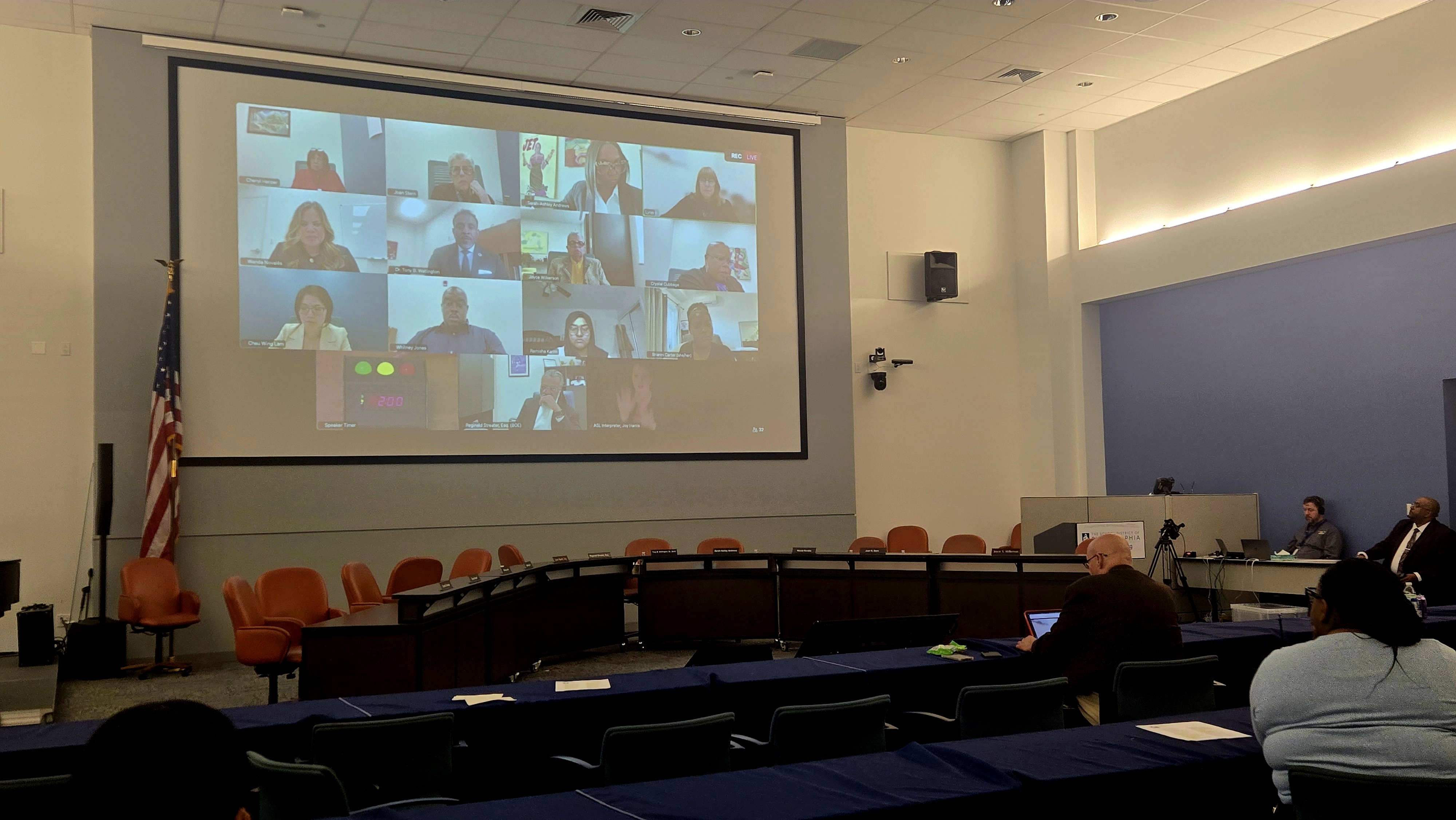 PFT President Arthur Steinberg testifies against the Facilities Master Plan in a half-empty room to a School Board that refused to take a vote in the same room with the public. 