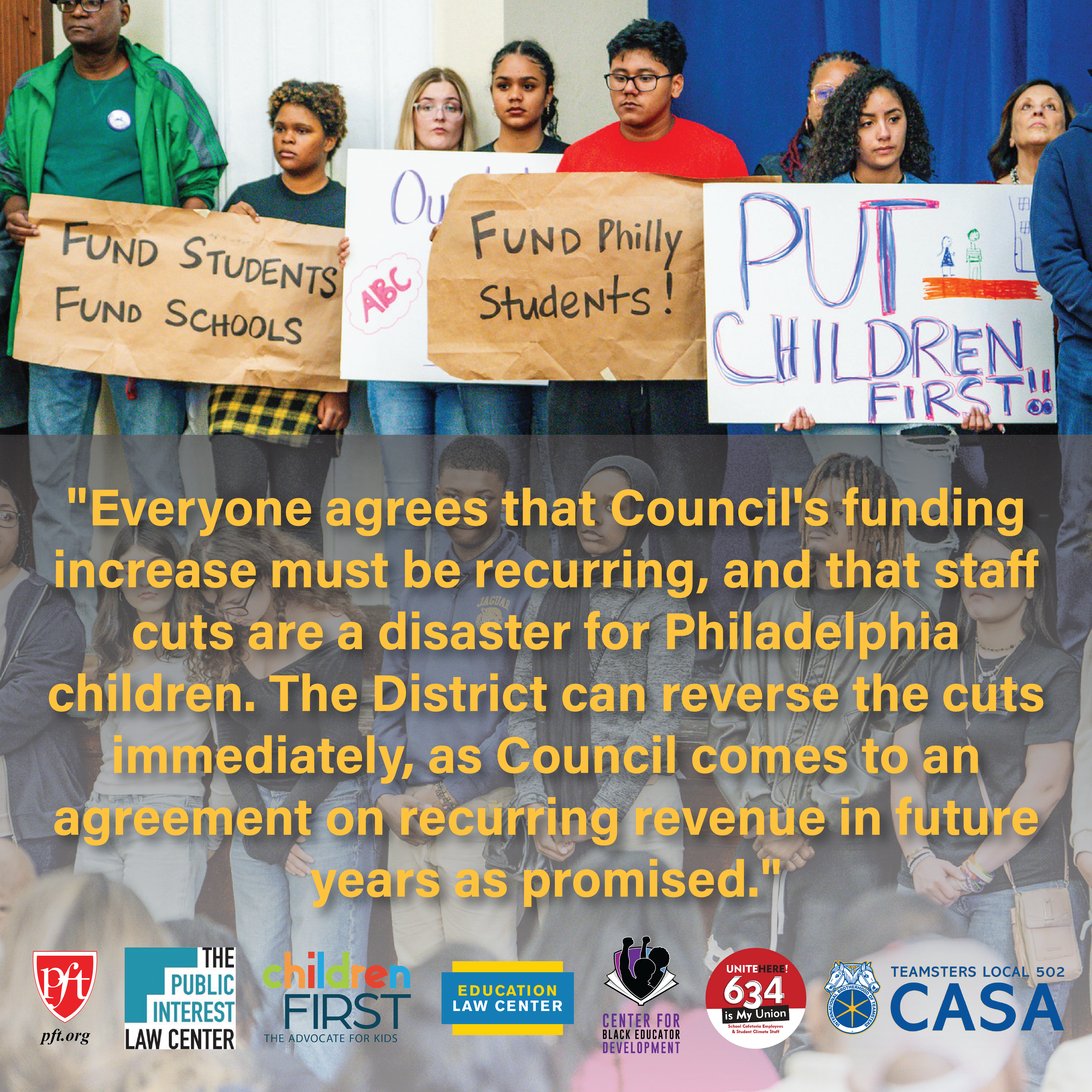 Public education advocates call on the District to reverse 340 school staff cuts.