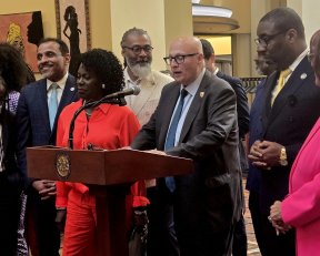 June 22, 2026: PFT President Arthur G. Steinberg speaks at a press conference calling for more education funding in the state Capitol, alongside Philadelphia Mayor Cherelle Parker, Council President Kenyatta Johnson, and SDP leadership.